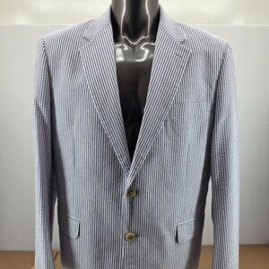 Chaps Blazer Mens 46R Blue Striped Seersucker Cotton Preppy Sport Coat Jacket